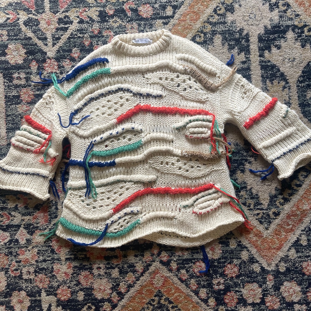 Zara Textured Knit Sweater With Embroidery Multicolor Small Xs-S
